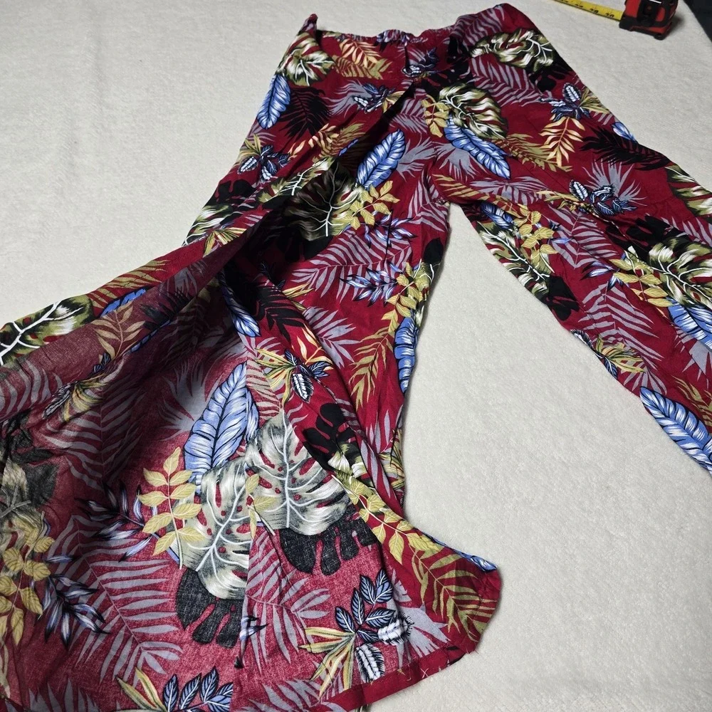 Tropiko Women's Wide Leg Split Pants‎ Red Tropical Floral Print Boho Summer S,M